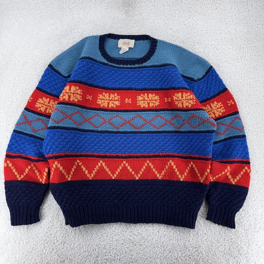 Vintage Amita‎ Wool Fair Isle Geometric Knit Sweater BOXY Large Italy 90s